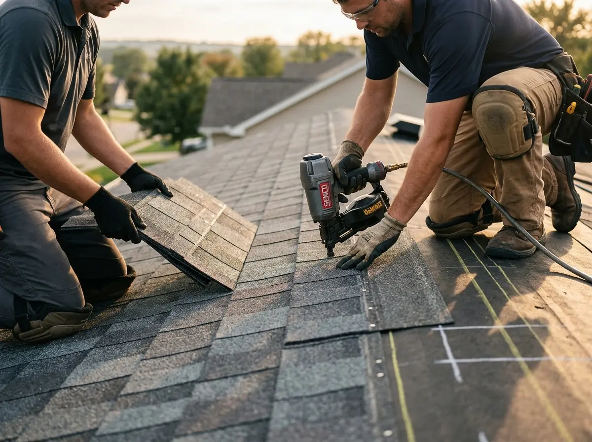 Professional roofer working on a residential roof in Broadview Park